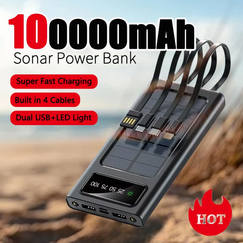 

100000mAh Solar Power Bank Fast Charging Dual USB & 4 Cables Large Capacity For iPhone Samsung Xiaomi