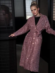 SEQINYY Elegant Pink Trench Coat Spring Autumn New Fashion Design Women Runway High Street Pink Plaid Weaved Sequined Pockets