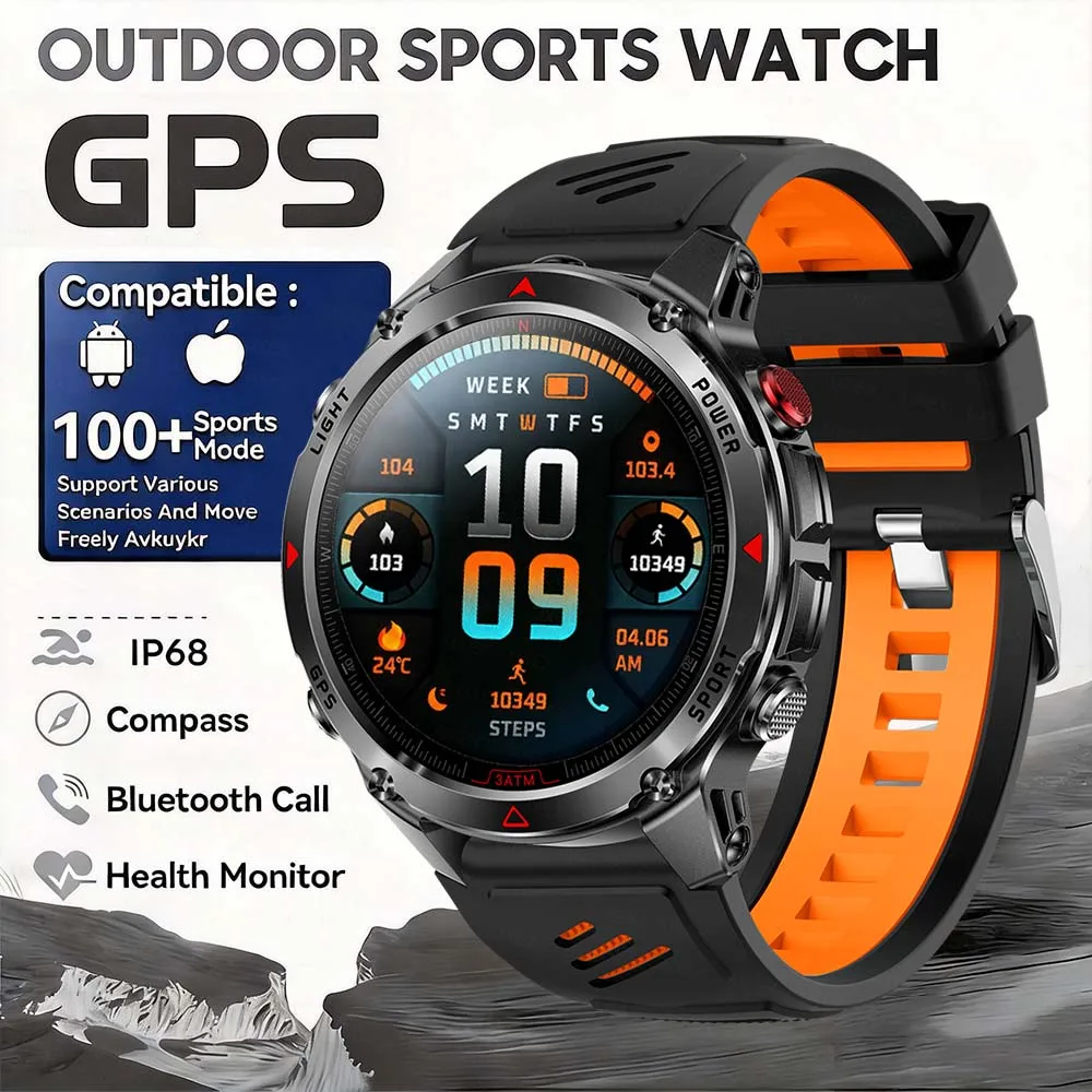 New 1.46 Inch HD Military GPS Smart Watch Waterproof Dual-band GNSS Compass Altimeter Swim 170 Sports Mode Watch With Flashlight