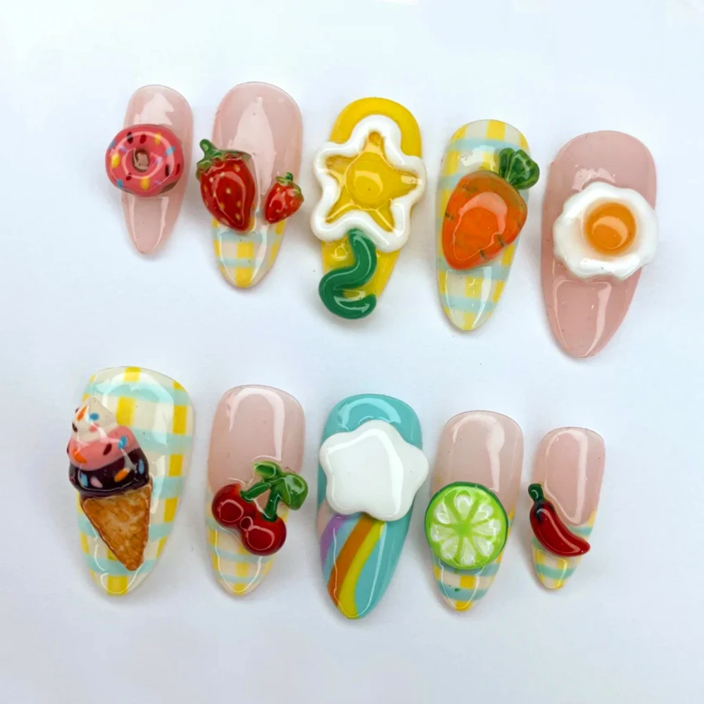 10Pcs Manicure Handmade Art Press on Nails Medium Almond Pattern ABS Nails Cute 3D Fruits Style Design Nail with Set