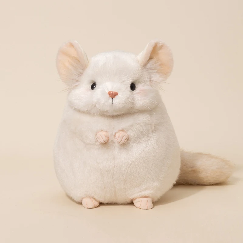 Fluffy Chinchilla Plush Toy Round White Animal Doll with Pink Ears for Desk Companion Cute Room Decoration Collection