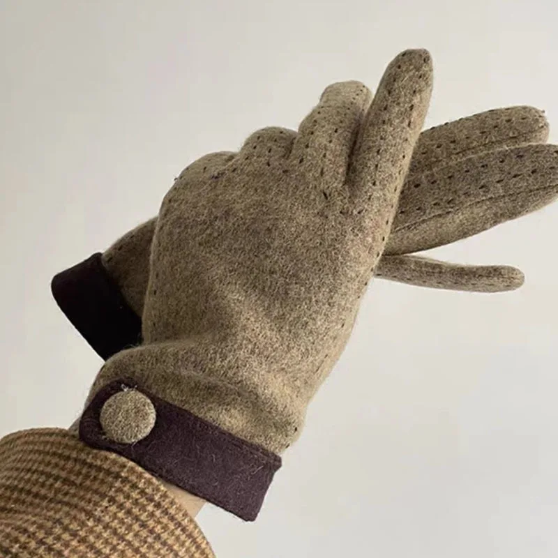 Women's Cashmere Gloves with Dual Color Splicing, Windproof Stitching, Button, Touch Screen, Cycling Five Finger Gloves