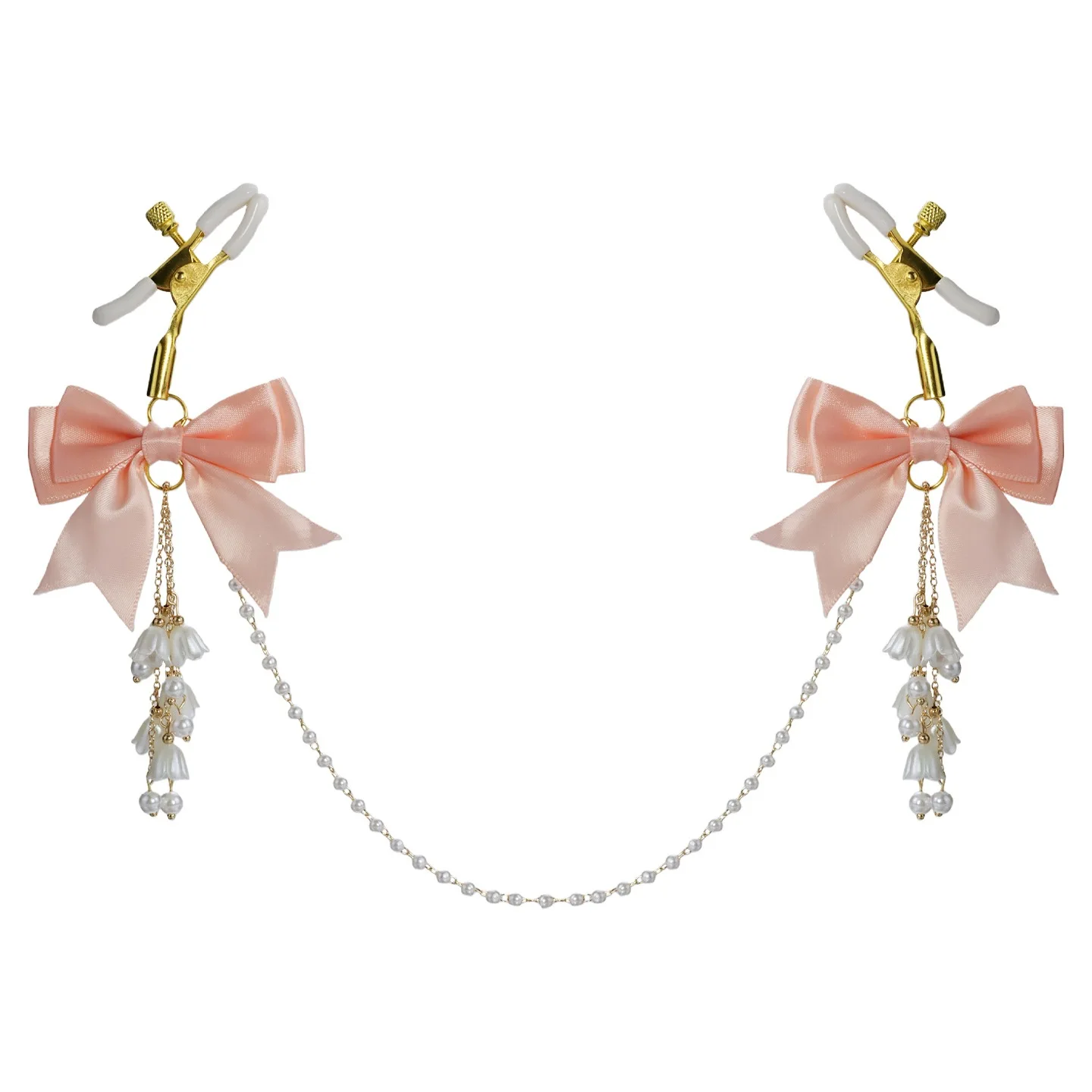 Sweet Pink Bow Lily of the Valley Pearl LinkedChain Breast Clips, Romantic Couple Intimate Wearing Decor Accessory