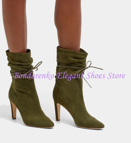 New Lace-up Thin Heel Woman Ankle Boots Fashion Pleated Short Boots Lady High Heels Dress Party Stage Shoes