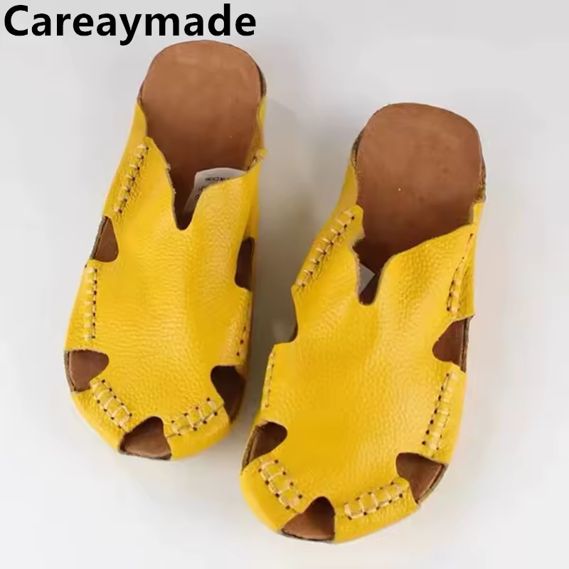 Careaymade-Genuine Leather big size women's Slippers Couple's Baotou handmade Flats Shoes Summer Beach man Slippers,size 35-46