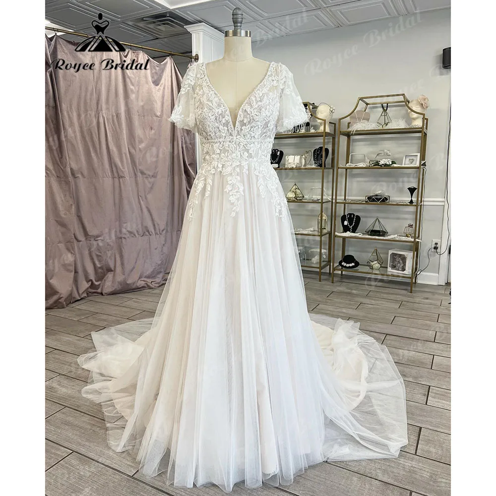 Sexy V Neck Open Back Lace Appliques Boho A Line Wedding Dress with Short Sleeve 2025 Bridal Gown Customized Backless Brautkleid