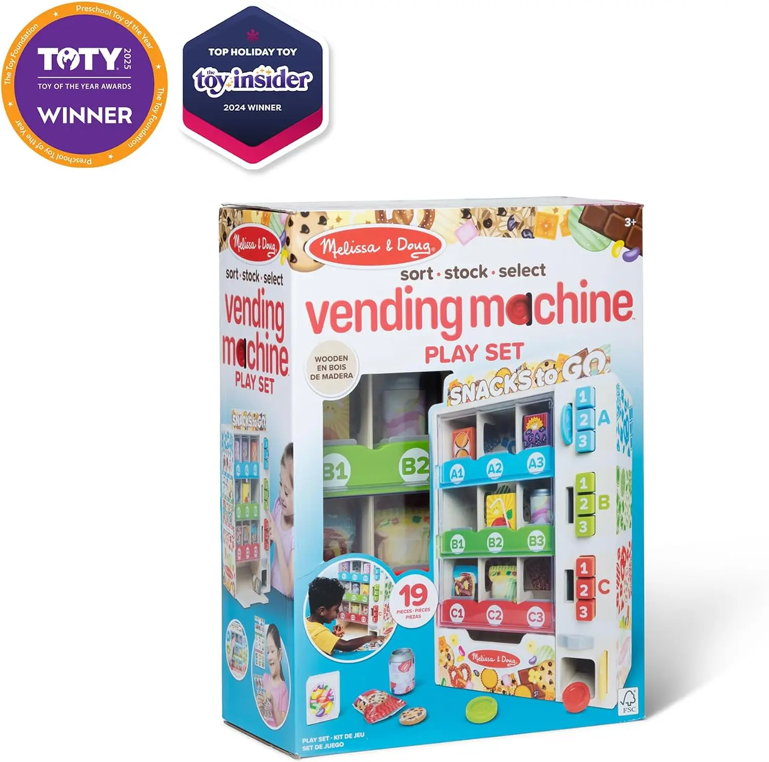 Wooden Vending Machine Play Set | 19 Pieces, Wooden Vending Machine, Double-Sided Pretend Play Food and Drinks, Coins, Menu, Pre