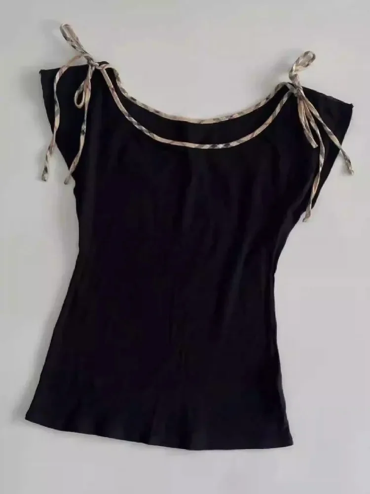 

Harajuku Vintage O-neck Lace Up Tops Women Summer New Black T-shirt For Women Y2k Slim Fit Shprt Sleeve Cotton Tee Shirt