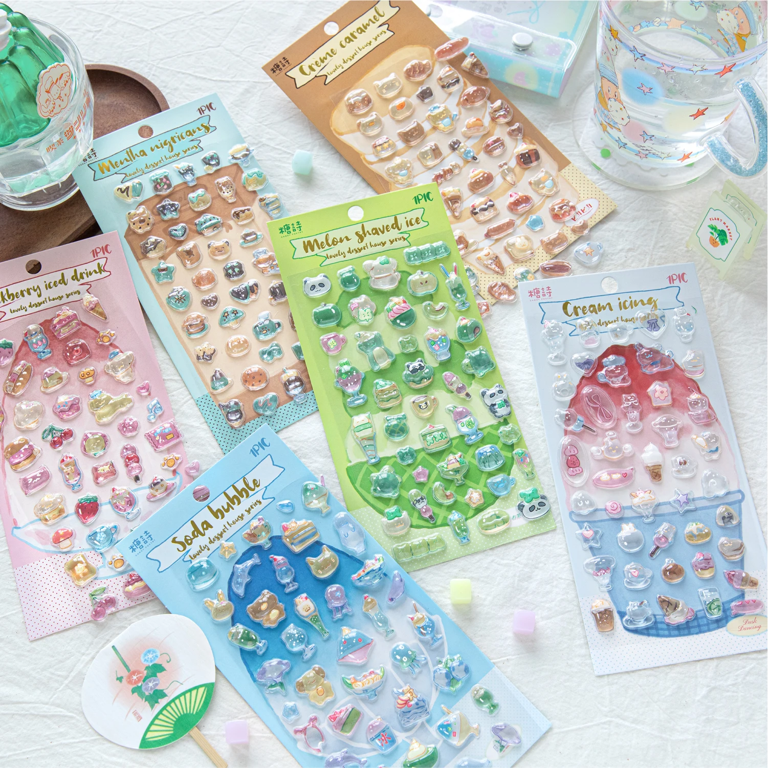 Kawaii Dessert Epoxy Stickers Set Glossy 3D Pudding Ice Cream Soda Fruit Drink Deco Stickers For Journal Scrapbooking DIY Crafts