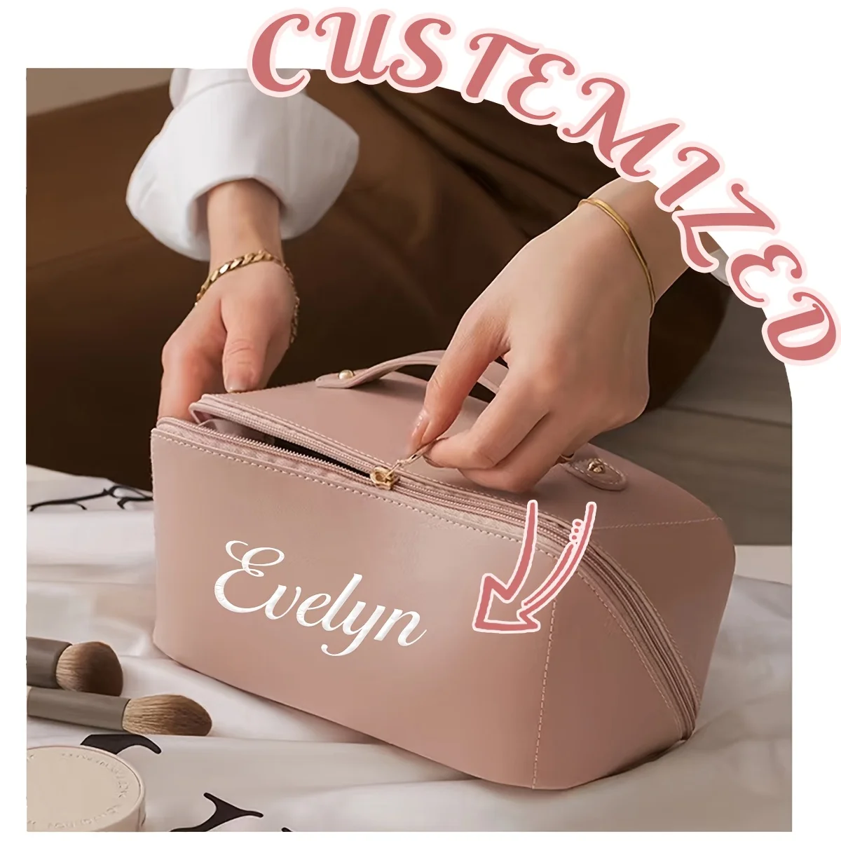 Customized Makeup Bag with Name Embroidery Personalized Cosmetic Pouch Travel Makeup Case for Women