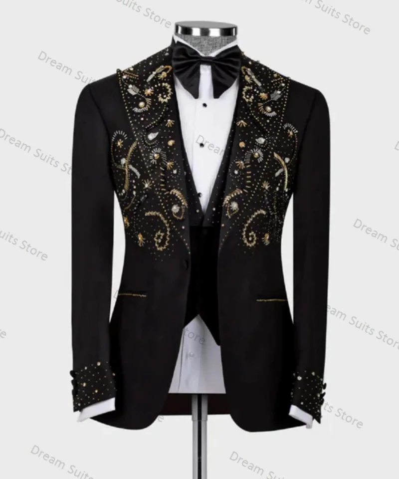 

Luxury Crystals Men Suits Set 3 Pieces Black Blazer+Vest+Pants Customized Jacket Cotton Wedding Tuxedo Tailored Made Coat