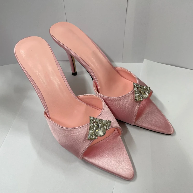 

New Summer Women's High-heeled Sandals Pointed Open-toe Rhinestone High-heeled Sandals Stiletto Slippers Pink High Heels