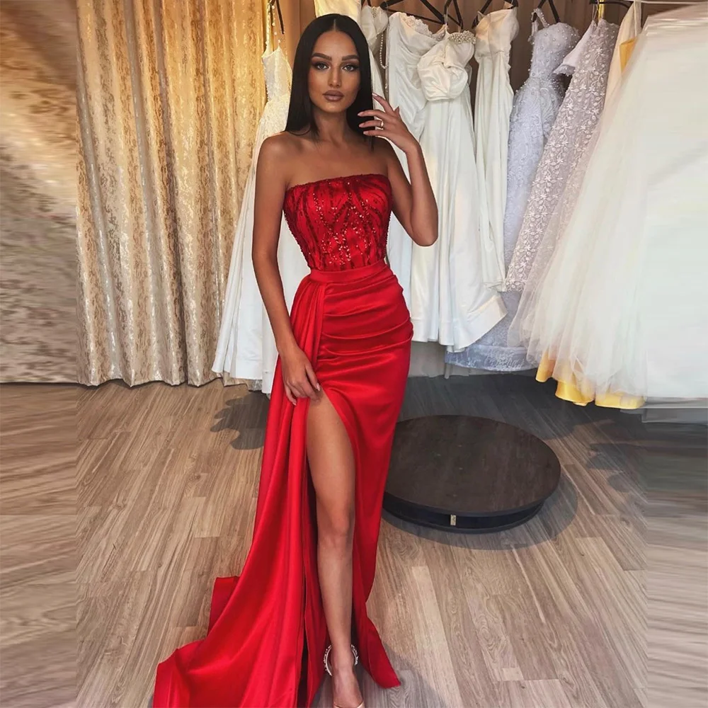 

Sevintage Red Satin Mermaid Prom Dresses Sequined Beading Strapless High Side Split Pleat Ruched Evening Gown Engagement Dress