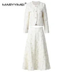 MARYYIMEI New Fashion Runway Designer Women's Long Sleeve Single Breasted Jacquard Embroidery Short Top+A-Line Skirt 2-Piece Set