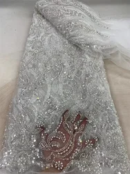 African Fabric White Beaded Lace Fabric Luxury High Quality Embroidered Fabrics Of 5 Yards 2024 Nigerian Evening Party DreA366-1