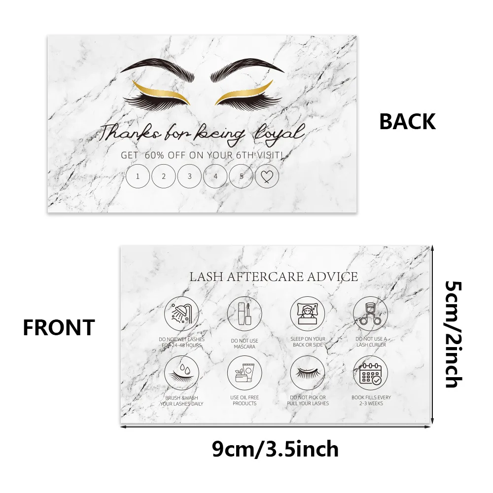 50pcs 빛나는 속눈썹 명함 속눈썹 확장 애프터 케어 카드 속눈썹 충성도 할인 카드 뷰티 스튜디오 충성도 카드