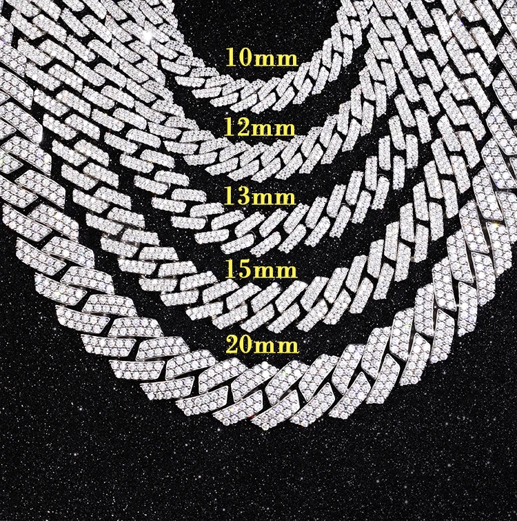 Custom 13mm 15mm 20mm Wide 2 Rows Cuban Chain d Color Vvs Moissanite Diamond S925 Silver Jewelry Hip Hop Necklace