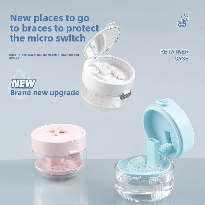 Portable Retainer Case 3 in 1 Lifting Denture Bath Box with Cleaning Effervescent Tablets Soak Storage Box for Braces Mouth