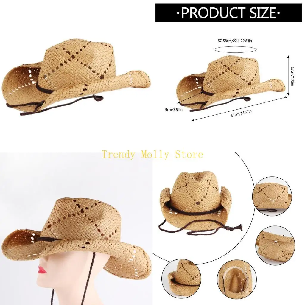 

N5KB Соломенная шляпа в стиле вестерн, повседневная соломенная шляпа с широкими полями, подарок для шляпы бойфренда