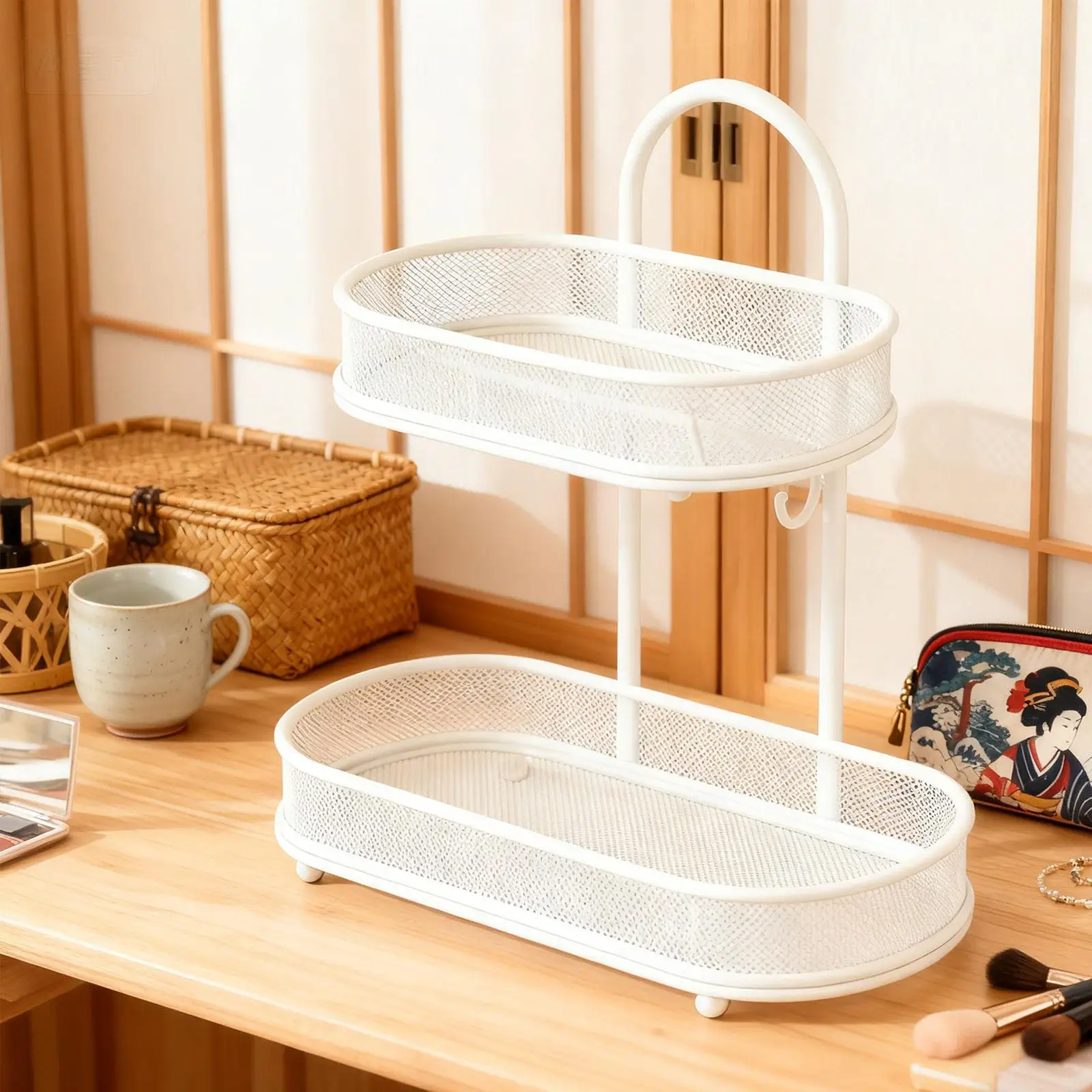 

Органайзер для ванной комнаты, 2-слойный с крючками, отдельно стоящий органайзер для хранения, экономия места, металлическая стойка для спальни, кухни, туалетного столика