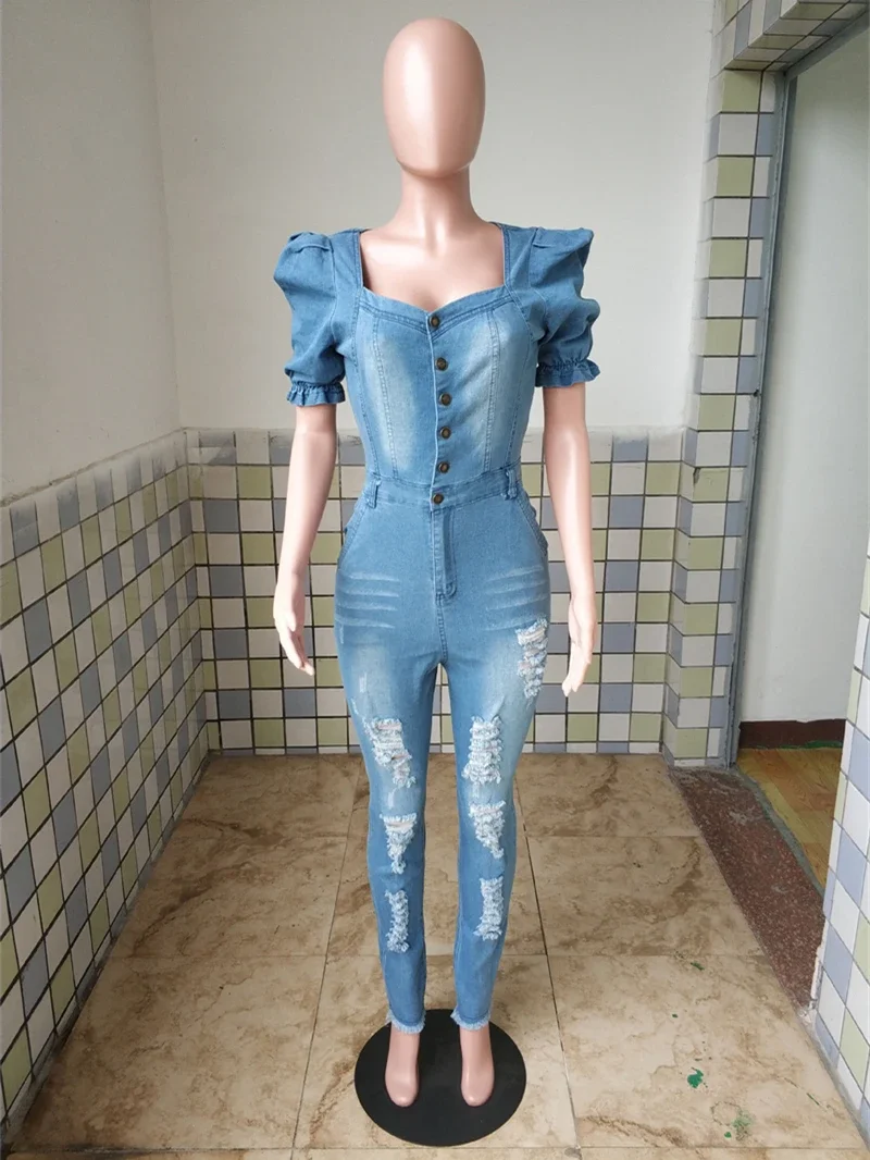 Vintage Denim Jumpsuits for Women 2024 Spring Summer Clothing Short Sleeve Button Up Long Rompers Casual Jeans Jumpsuit Overalls