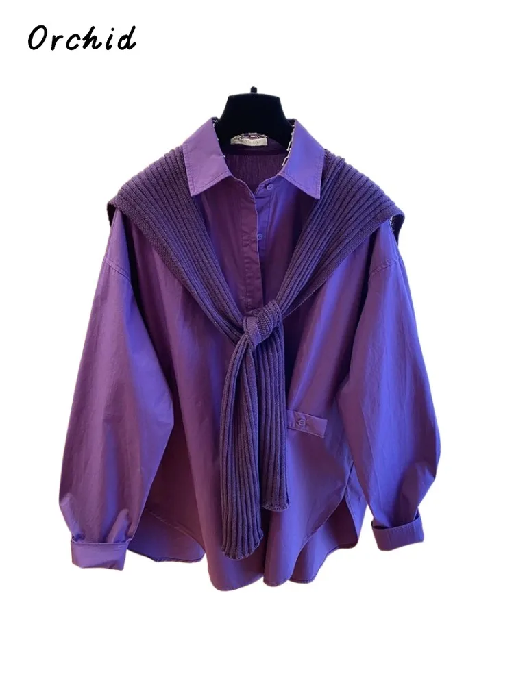 

Однотонные свободные блузки с отложным воротником в стиле ретро, зима 2025 года, женская повседневная уличная одежда, мешковатые фиолетовые рубашки с длинными рукавами, топ