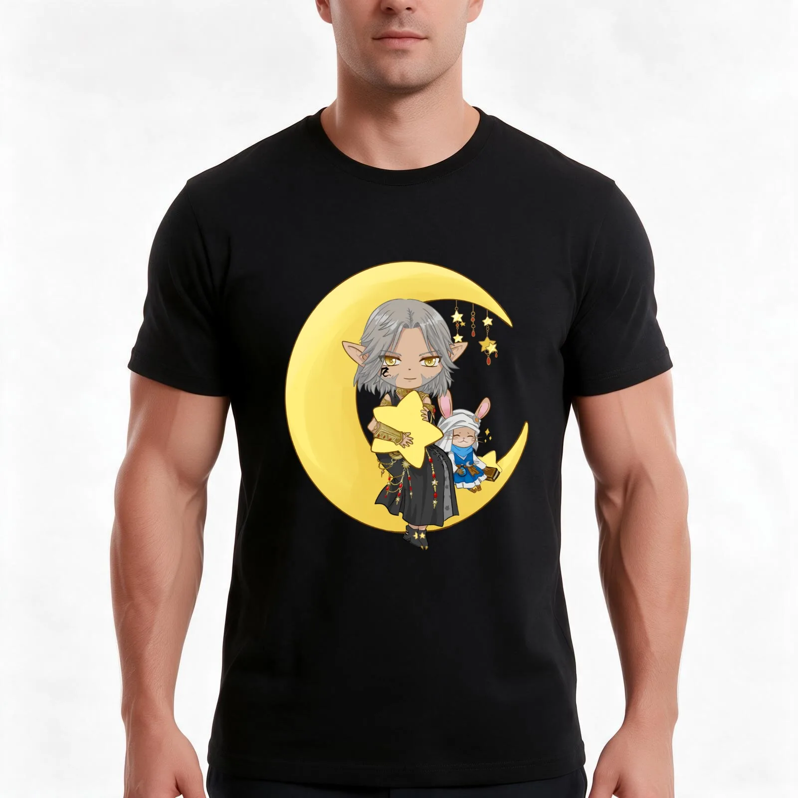 Urianger & Loporrit on Moon FF14 FFXIV T-Shirt, Summer Casual Cotton Tee, Oversized Streetwear Tops, Vintage Graphic Print
