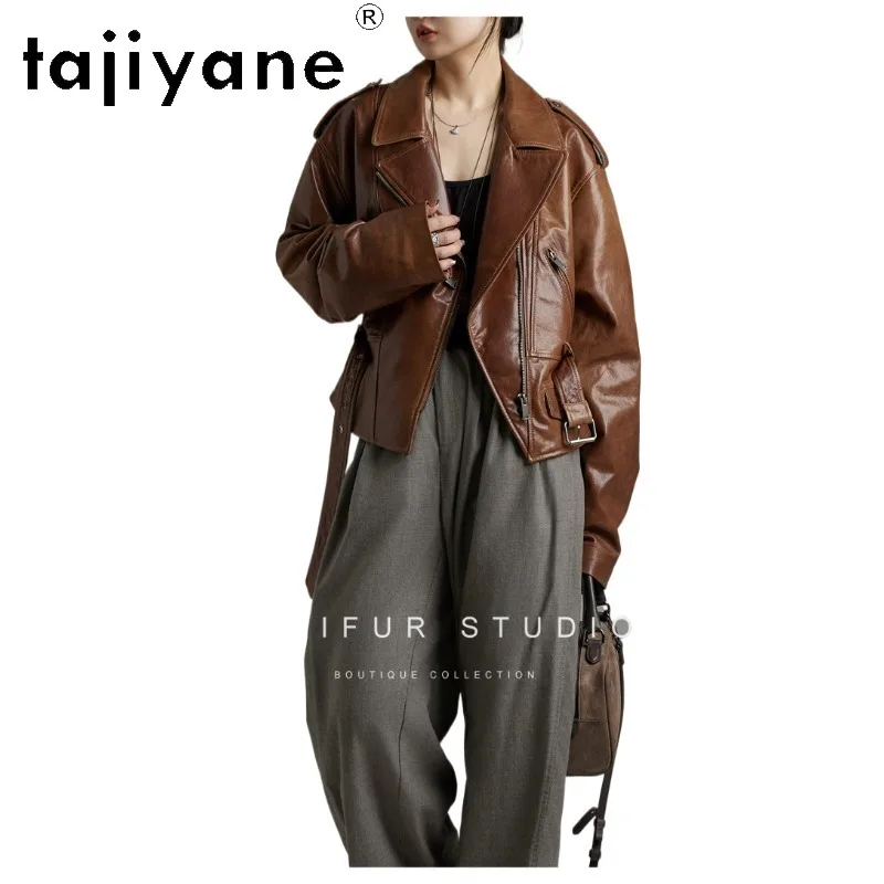 TAJIYANE Light Waxed Lambskin Real Leather Jacket Woman Micro Bubbled Leather Coat Crop Biker Jackets for Woman Stylish Jaqueta