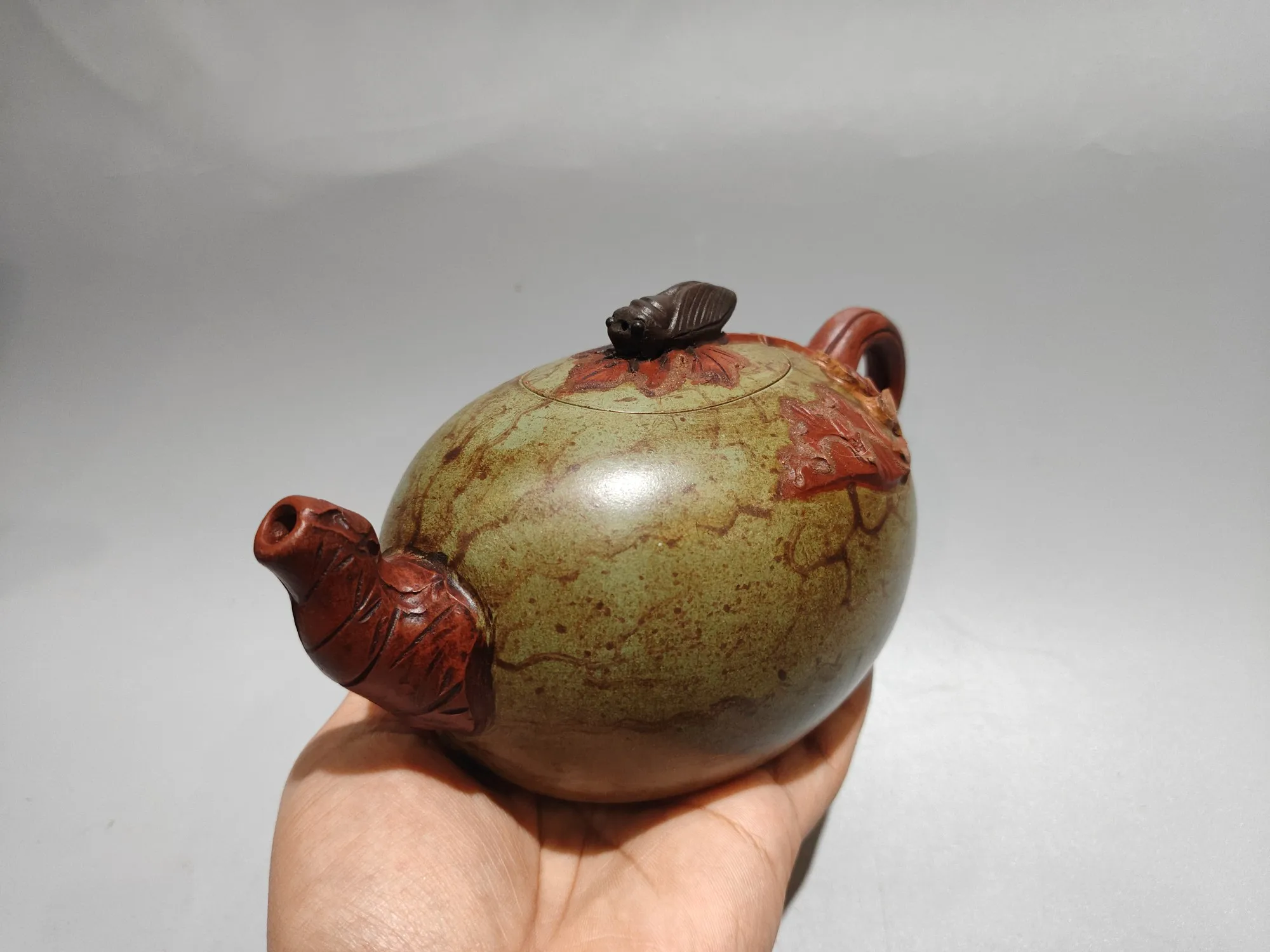 Old Chinese Handicraft Enameled YiXing Zisha (red stoneware) Teapot,watermelon shape, with mark, Free shipping
