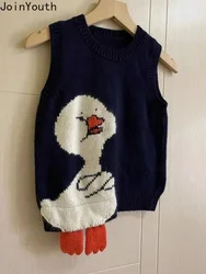 Chaleco de pato de dibujos animados para Mujer, Ropa informal de cuello redondo sin mangas, Tops cortos Vintage de punto, 2023