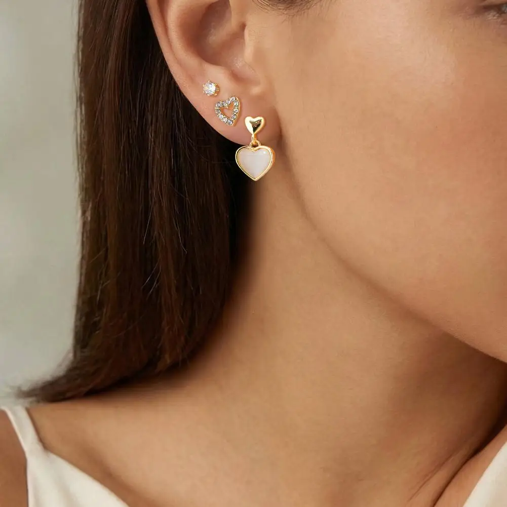 3 Pairs/Set Heart Flower Stud Earrings for Women Girls  Zircon Pearl Earring Set Multiple Piercing Cartilage Earring Jewelry