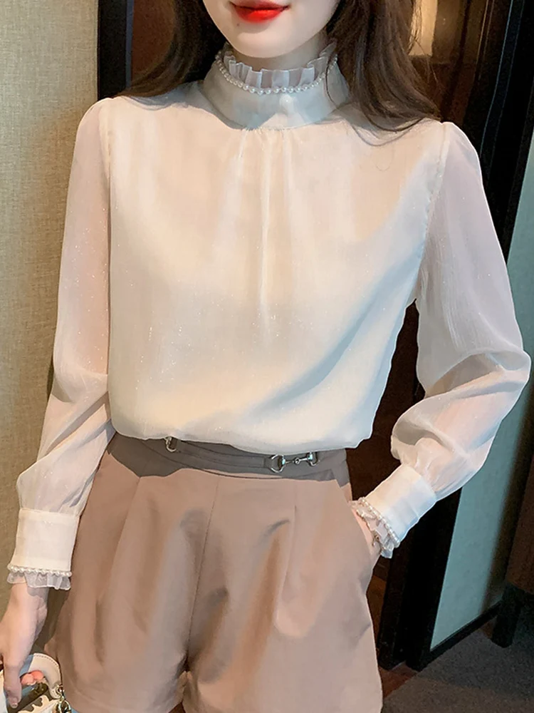 Beading Stand Collar Chiffon Blouse Shirt Long Sleeve Blouse Women Blusas Mujer De Moda 2024 Women Tops Blouses Femme Shirts E85