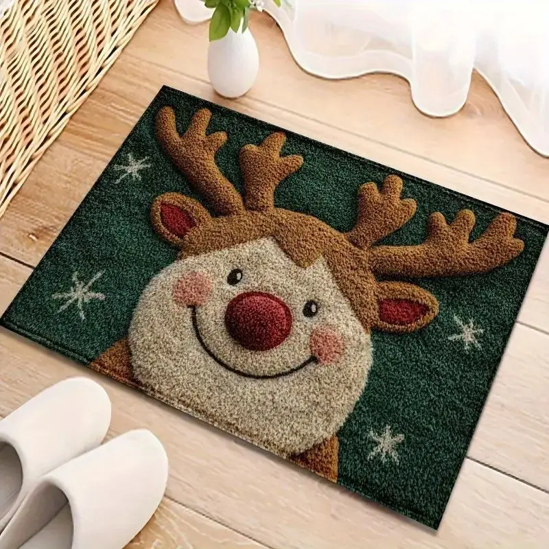 VIKAMA Christmas Reindeer Welcome Doormat Washable Non Slip Water Absorbing Bathroom Kitchen Outdoor Entrance Xmas Home Decor