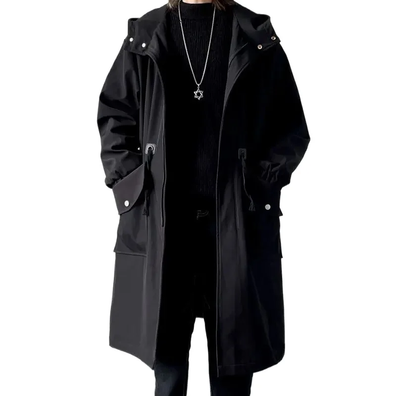 2026 NEW Men Trench Coat Spring Autumn Mid-length Hooded Casual Male Windbreaker Fashion Simlpe Solid Color Pocket Man Outerwear