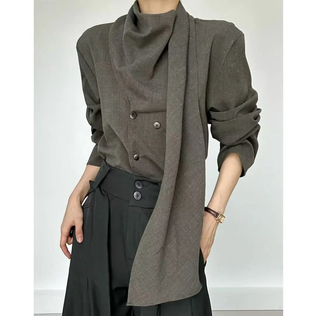 

SuperAen 2025 Spring Scarf Collar Long-sleeved High-end Shirt New Design Niche Shirt