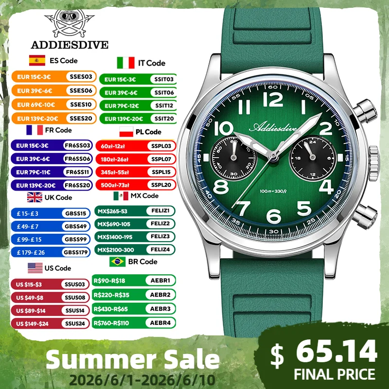 

ADDIESDIVE Men’s VK64 Quartz Watch 38mm Retro Design Bubble Lens Chronograph Luminous Nylon Strap 316L Case 100m Waterproof