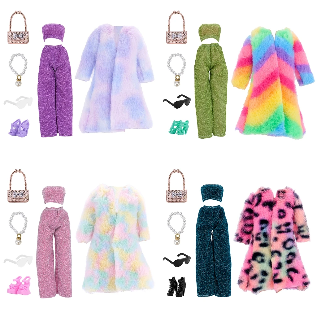 1 Set Long Sleeve Soft Fur Coat Tops Bag Shoes Winter Warm Casual Wear Accessories Clothes for Barbie Doll Kids Toy