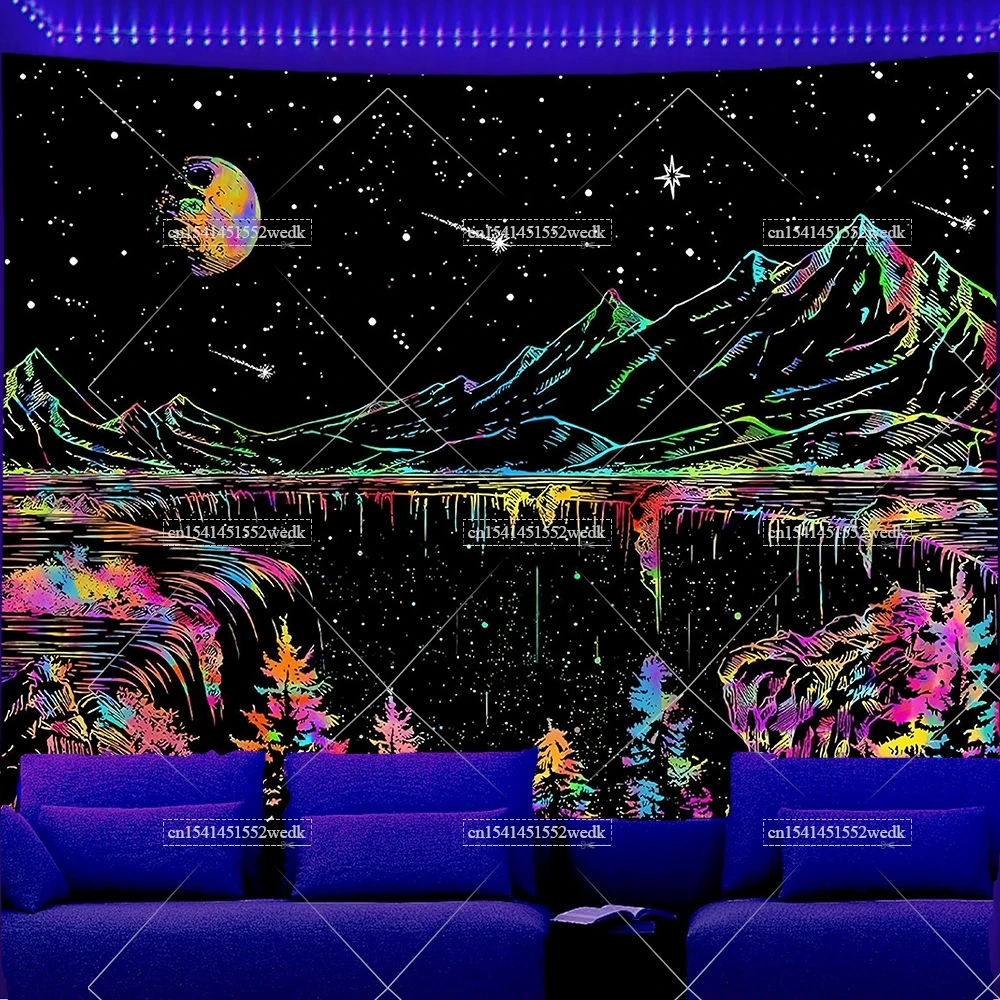 Blacklight Mountain Tapestry Starry Night Tapestries Great Wave Kanagawa Sunset Black Light Tapestrys Neon Wall Decor Posters