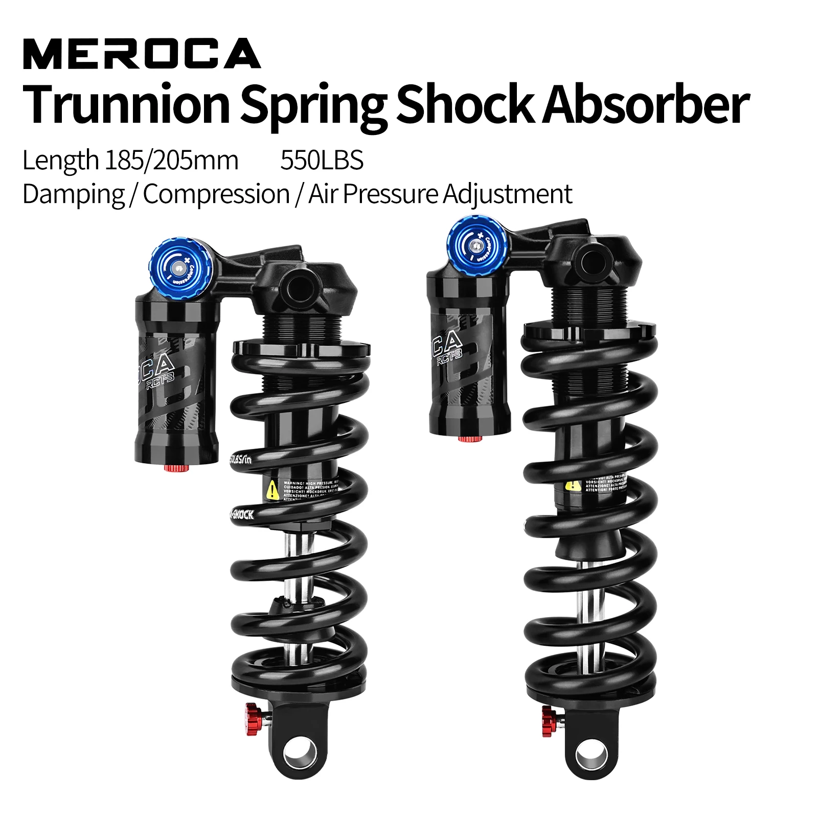 MEROCA RCT3 Bicycle Trunnion Mount Rear Shock 185/205mm Coil Spring Shock 550LBS MTB Soft Tail Bicycle Rear Shock Absorber