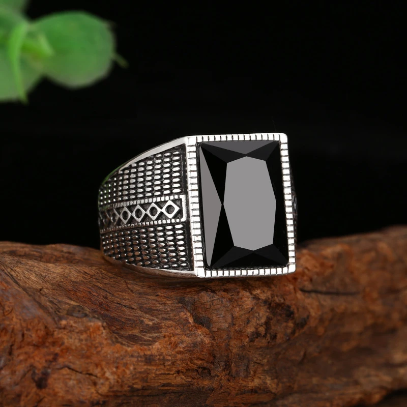 OUYADI S925 Sterling Silver Vintage Engraved Open Ring, Rectangular Created Black Crystal Men Finger Jewelry Gift Wholesale