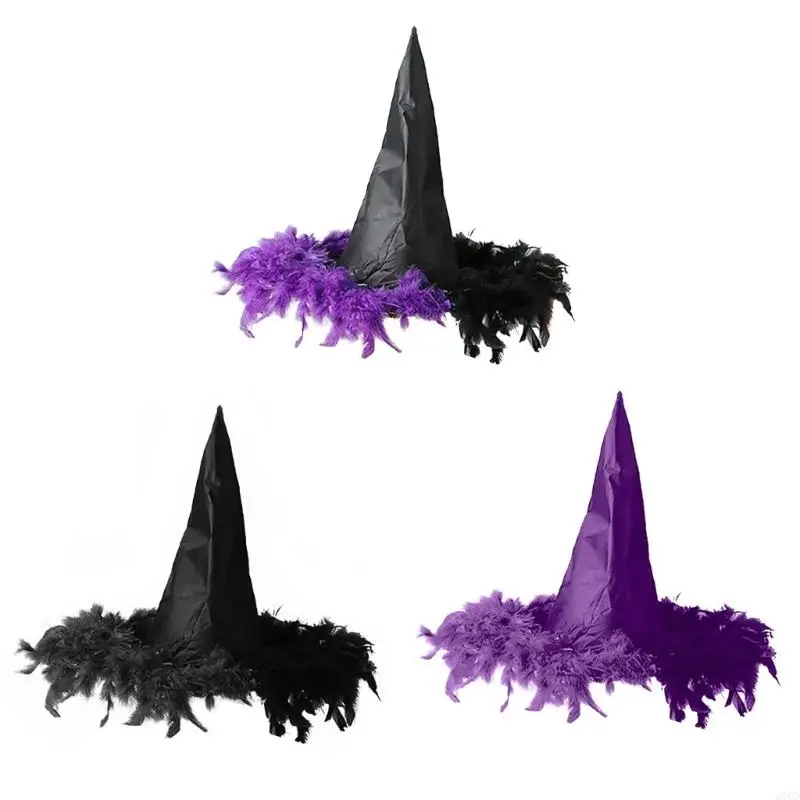 270d Halloween Witches Hat Feathers Fringes Women Costume Girl Dress Up Accessori