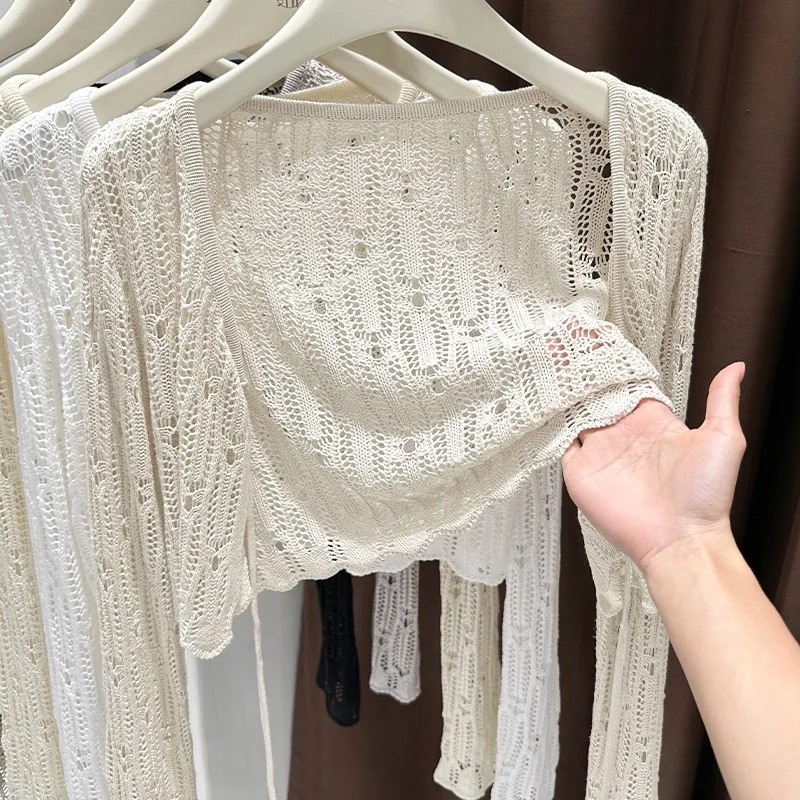 سترة صوفية شفافة باللون الرمادي - غطاء مجوف برباط مع حزام، فستان شاطئ خفيف الوزن، شال بوهو مكتب متجدد الهواء