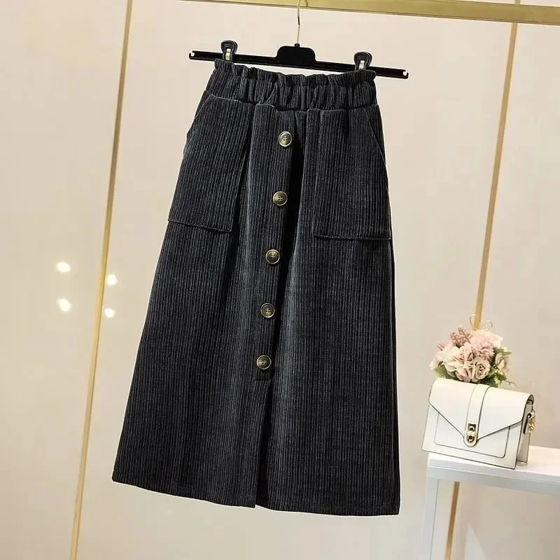 

Spring Autumn Skirts 2024 New Plus-Size A-Line Skirt Elastic Waist Loos Mid-Long Fashion Single-Breasted Straight Skirts Female