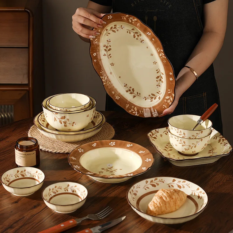 

HYS retro ceramic bowl household rice bowl soup tableware set high value dish set bowl plate combination