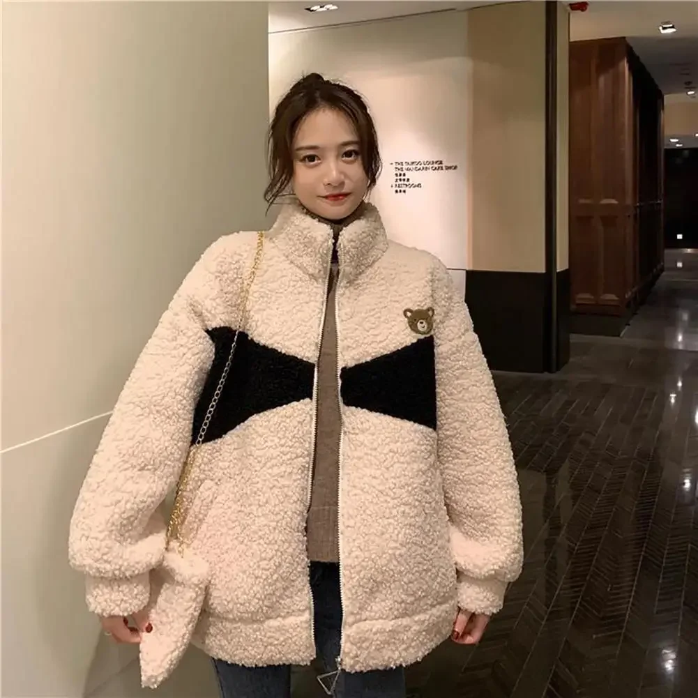 2024 Autumn Winter Women Coats Long Sleeve Stand Collar Color Block Wool Warm Zipper Plush Thicken Jackets for women chaquetas