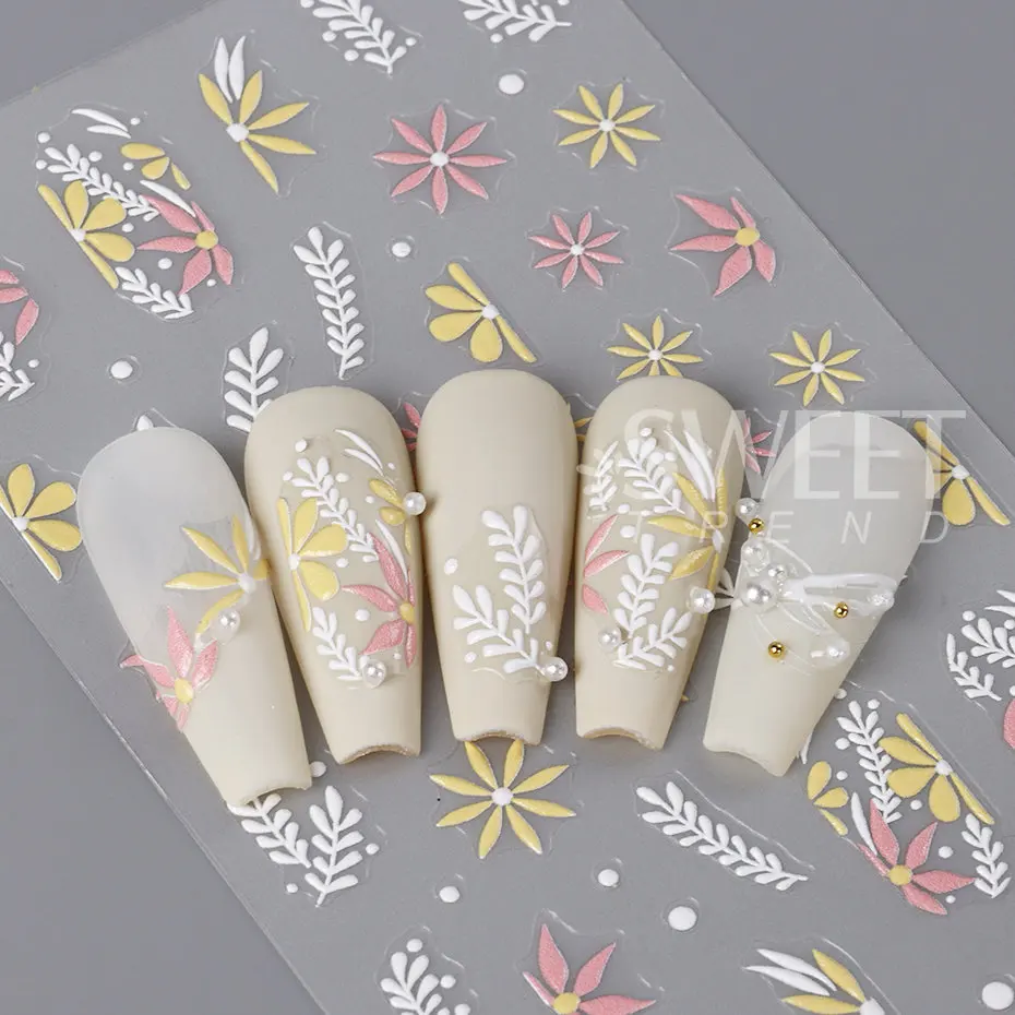 5D Embossed Flower Nail Stickers Colorful Simple DIY Wildflower Daisy Geometric Lines Gel Polish Decals Wedding Engraved Slider