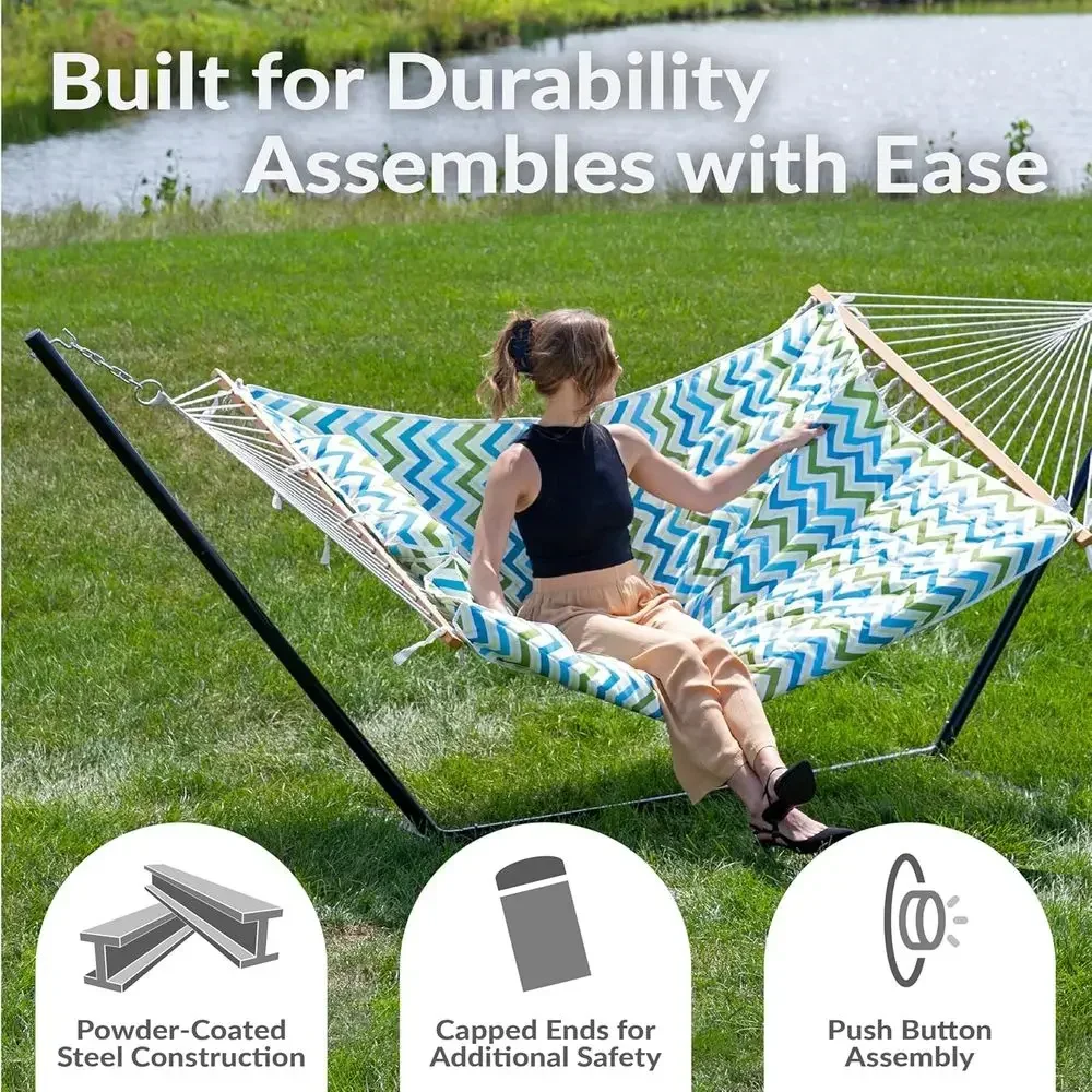 275-Pound Capacity Hammock Set with Stand, Spreader Bar, Pad, Pillow - Blue and Green Chevron Pattern