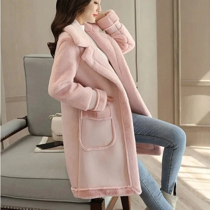 Lamb Wool Coat Women\'s Mid-length Jacket 2024 Winter Wear Plus Velvet Loose Coat Deerskin Frosted Fleece Fur Splicing Fur Coat