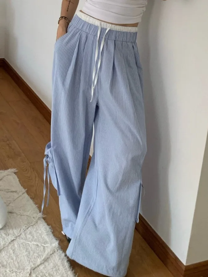 아메리칸 스타일 레트로 스트라이프 캐주얼 바지 여성 여름 새로운 탄성 허리 벨트 넓은 다리 긴 바지 여러 포켓