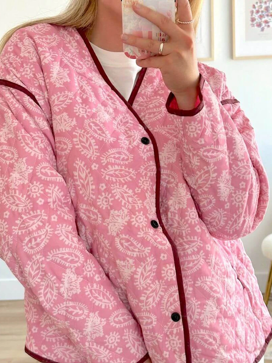 Chaqueta acolchada con estampado Floral para mujer, abrigo cálido de manga larga con cuello en V, Parkas informales ligeras con botones para invierno